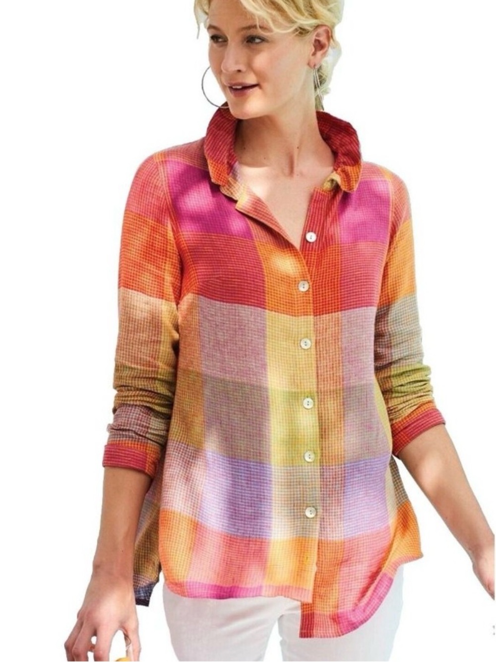 Soft Surroundings Madras Plaid Linen Blend Galina Tunic Button Up Pleated Shirt